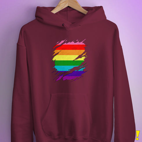 Original Gilbert Baker LGBTQ Gay Pride Flag Ripped Reveal Hoodie - Maroon